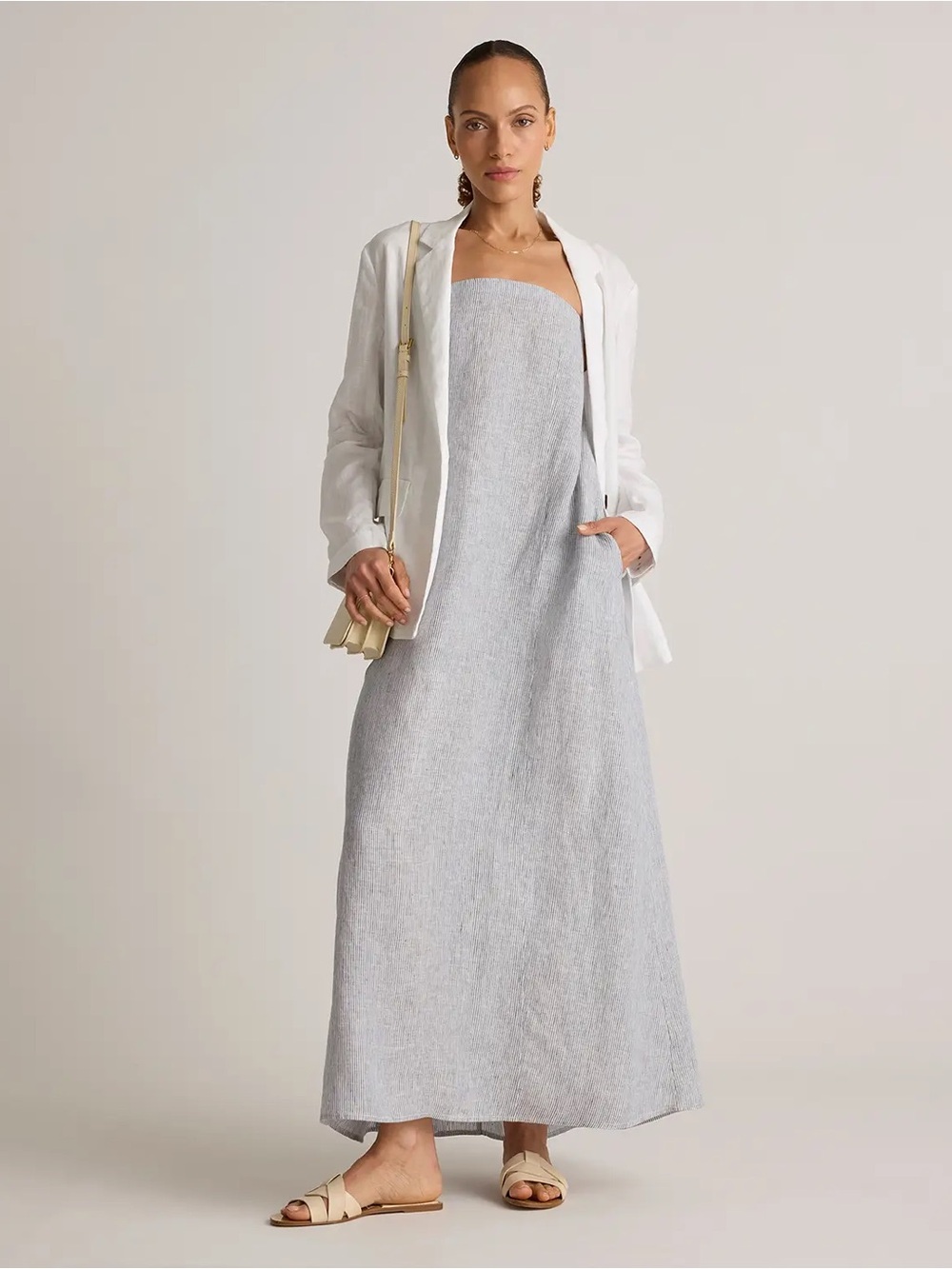 Quince 100% European Linen Blue Pinstripe Strapless Maxi Dress size XL